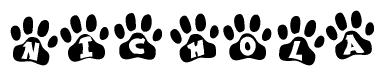 The image shows a row of animal paw prints, each containing a letter. The letters spell out the word Nichola within the paw prints.