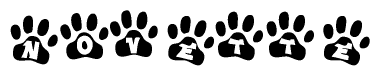 The image shows a series of animal paw prints arranged horizontally. Within each paw print, there's a letter; together they spell Novette