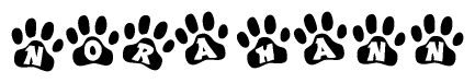 The image shows a series of animal paw prints arranged horizontally. Within each paw print, there's a letter; together they spell Norahann