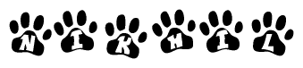 The image shows a series of animal paw prints arranged in a horizontal line. Each paw print contains a letter, and together they spell out the word Nikhil.