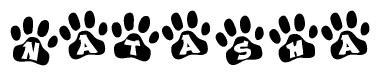 The image shows a row of animal paw prints, each containing a letter. The letters spell out the word Natasha within the paw prints.