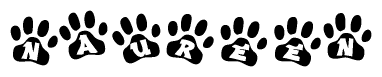 The image shows a series of animal paw prints arranged in a horizontal line. Each paw print contains a letter, and together they spell out the word Naureen.