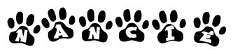 The image shows a series of animal paw prints arranged in a horizontal line. Each paw print contains a letter, and together they spell out the word Nancie.