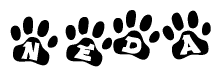 The image shows a series of animal paw prints arranged horizontally. Within each paw print, there's a letter; together they spell Neda