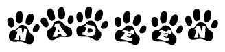 The image shows a series of animal paw prints arranged horizontally. Within each paw print, there's a letter; together they spell Nadeen