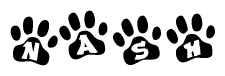 The image shows a series of animal paw prints arranged in a horizontal line. Each paw print contains a letter, and together they spell out the word Nash.