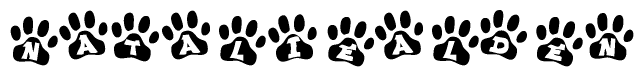 The image shows a series of animal paw prints arranged in a horizontal line. Each paw print contains a letter, and together they spell out the word Nataliealden.