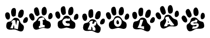The image shows a series of animal paw prints arranged horizontally. Within each paw print, there's a letter; together they spell Nickolas