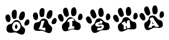 The image shows a series of animal paw prints arranged in a horizontal line. Each paw print contains a letter, and together they spell out the word Olisha.