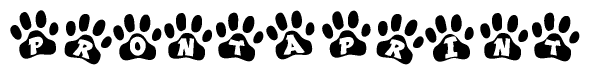 The image shows a series of animal paw prints arranged in a horizontal line. Each paw print contains a letter, and together they spell out the word Prontaprint.