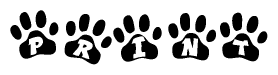The image shows a series of animal paw prints arranged in a horizontal line. Each paw print contains a letter, and together they spell out the word Print.