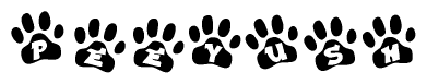 The image shows a row of animal paw prints, each containing a letter. The letters spell out the word Peeyush within the paw prints.
