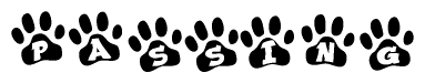 The image shows a series of animal paw prints arranged horizontally. Within each paw print, there's a letter; together they spell Passing