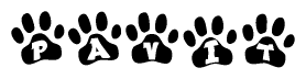 The image shows a series of animal paw prints arranged in a horizontal line. Each paw print contains a letter, and together they spell out the word Pavit.