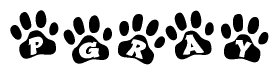 The image shows a series of animal paw prints arranged in a horizontal line. Each paw print contains a letter, and together they spell out the word Pgray.