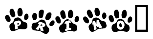 The image shows a row of animal paw prints, each containing a letter. The letters spell out the word Primo within the paw prints.