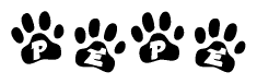 The image shows a row of animal paw prints, each containing a letter. The letters spell out the word Pepe within the paw prints.