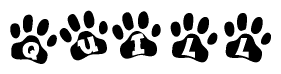 The image shows a row of animal paw prints, each containing a letter. The letters spell out the word Quill within the paw prints.