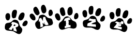 The image shows a row of animal paw prints, each containing a letter. The letters spell out the word Rmize within the paw prints.
