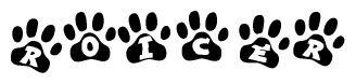 The image shows a series of animal paw prints arranged in a horizontal line. Each paw print contains a letter, and together they spell out the word Roicer.