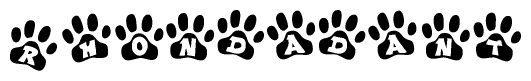 The image shows a row of animal paw prints, each containing a letter. The letters spell out the word Rhondadant within the paw prints.