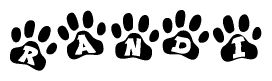The image shows a row of animal paw prints, each containing a letter. The letters spell out the word Randi within the paw prints.