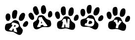The image shows a row of animal paw prints, each containing a letter. The letters spell out the word Randy within the paw prints.