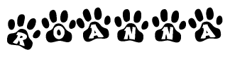 The image shows a series of animal paw prints arranged in a horizontal line. Each paw print contains a letter, and together they spell out the word Roanna.