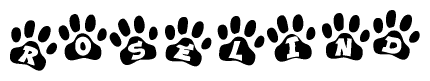 The image shows a series of animal paw prints arranged horizontally. Within each paw print, there's a letter; together they spell Roselind