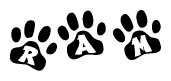 The image shows a series of animal paw prints arranged in a horizontal line. Each paw print contains a letter, and together they spell out the word Ram.