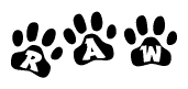 The image shows a series of animal paw prints arranged horizontally. Within each paw print, there's a letter; together they spell Raw