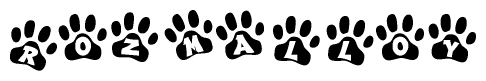 The image shows a row of animal paw prints, each containing a letter. The letters spell out the word Rozmalloy within the paw prints.