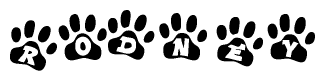 The image shows a series of animal paw prints arranged horizontally. Within each paw print, there's a letter; together they spell Rodney