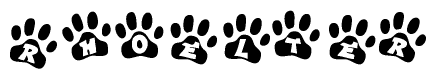 The image shows a row of animal paw prints, each containing a letter. The letters spell out the word Rhoelter within the paw prints.