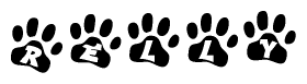 The image shows a row of animal paw prints, each containing a letter. The letters spell out the word Relly within the paw prints.