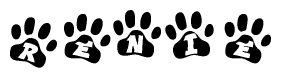 The image shows a series of animal paw prints arranged horizontally. Within each paw print, there's a letter; together they spell Renie