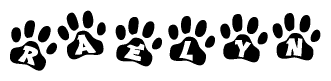 The image shows a series of animal paw prints arranged in a horizontal line. Each paw print contains a letter, and together they spell out the word Raelyn.