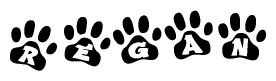 The image shows a series of animal paw prints arranged horizontally. Within each paw print, there's a letter; together they spell Regan