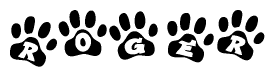 The image shows a row of animal paw prints, each containing a letter. The letters spell out the word Roger within the paw prints.