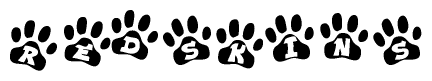 The image shows a series of animal paw prints arranged horizontally. Within each paw print, there's a letter; together they spell Redskins