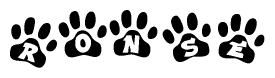 The image shows a series of animal paw prints arranged in a horizontal line. Each paw print contains a letter, and together they spell out the word Ronse.