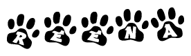 The image shows a row of animal paw prints, each containing a letter. The letters spell out the word Reena within the paw prints.