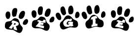 The image shows a series of animal paw prints arranged in a horizontal line. Each paw print contains a letter, and together they spell out the word Regie.