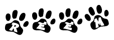 The image shows a series of animal paw prints arranged horizontally. Within each paw print, there's a letter; together they spell Reem