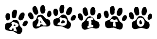 The image shows a row of animal paw prints, each containing a letter. The letters spell out the word Radito within the paw prints.