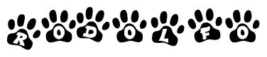 The image shows a series of animal paw prints arranged horizontally. Within each paw print, there's a letter; together they spell Rodolfo