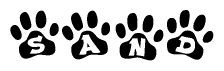 The image shows a row of animal paw prints, each containing a letter. The letters spell out the word Sand within the paw prints.