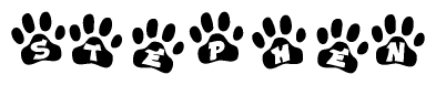 The image shows a series of animal paw prints arranged in a horizontal line. Each paw print contains a letter, and together they spell out the word Stephen.