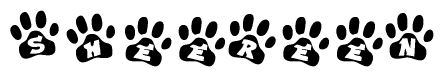 The image shows a series of animal paw prints arranged in a horizontal line. Each paw print contains a letter, and together they spell out the word Sheereen.