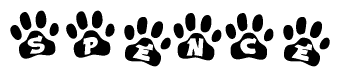 The image shows a row of animal paw prints, each containing a letter. The letters spell out the word Spence within the paw prints.